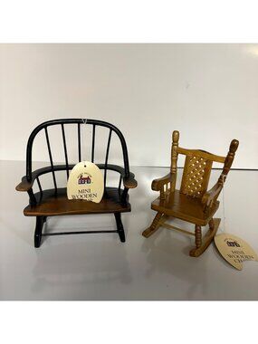 Miniature Wooden Rocking Chair and Bench Set Dollhouse Furniture Rustic Decor